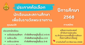 ประกาศการคัดเลือกนักเรียนและสถานศึกษา เพื่อรับรางวัลพระราชทาน ระดับการศึกษาขั้นพื้นฐาน ประจำปีการศึกษา 2568 แจ้งความประสงค์สมัครเข้ารับการประเมิน ภายในวันที่ 22 สิงหาคม 2568 ณ สำนักงานเขตพื้นที่การศึกษาที่สถานศึกษานั้นตั้งอยู่