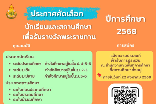 ประกาศการคัดเลือกนักเรียนและสถานศึกษา เพื่อรับรางวัลพระราชทาน ระดับการศึกษาขั้นพื้นฐาน ประจำปีการศึกษา 2568 แจ้งความประสงค์สมัครเข้ารับการประเมิน ภายในวันที่ 22 สิงหาคม 2568 ณ สำนักงานเขตพื้นที่การศึกษาที่สถานศึกษานั้นตั้งอยู่