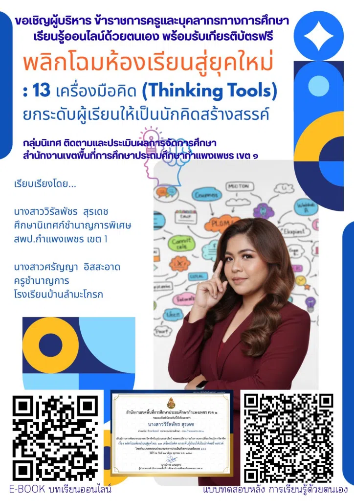 ขอเชิญทำแบบทดสอบออนไลน์ เรื่อง พลิกโฉมห้องเรียนสู่ยุคใหม่: 13 เครื่องมือคิด ยกระดับผู้เรียนให้เป็นนักคิดสร้างสรรค์ ผ่านเกณฑ์ ร้อยละ 80 รับเกียรติบัตรทันทีทางอีเมล โดยสพป.กำแพงเพชร เขต 1