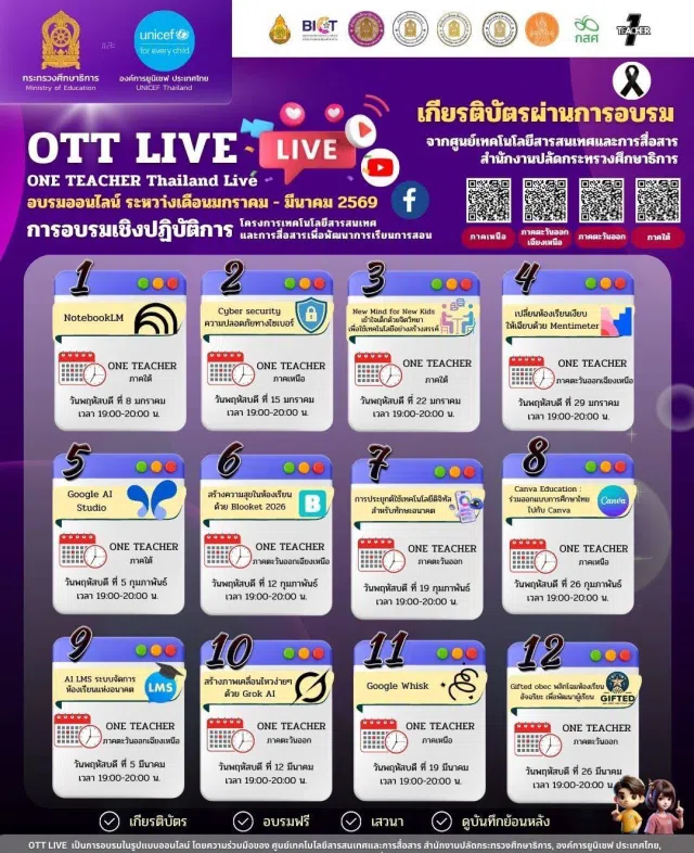image อบรมออนไลน์ฟรี 12 หลักสูตรโครงการเทคโนโลยีสารสนเทศและการสื่อสารเพื่อพัฒนาการเรียนการสอน ONE TEACHER Thailand Live 2026 รับเกียรติบัตรจาก กระทรวงศึกษาธิการ