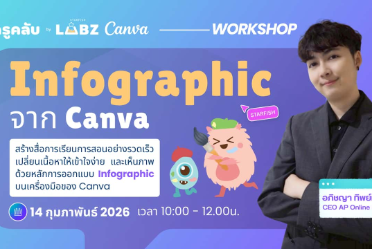 ลงทะเบียนอบรมฟรี หลักสูตร เปลี่ยนเนื้อหาให้เข้าใจง่ายและเห็นภาพการสร้าง Infographic จาก Canva วันที่ 14 กุมภาพันธ์ 2569 รับเกียรติบัตรฟรี โดย Starfish Labz 