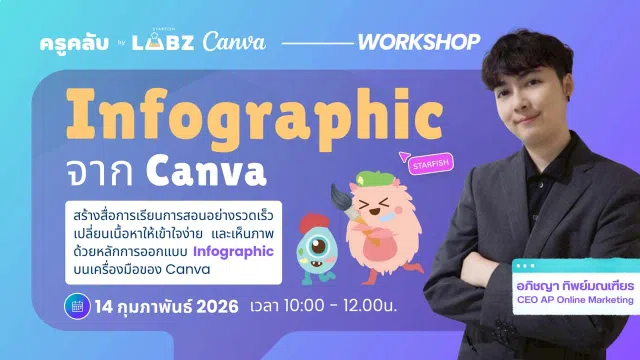 image ลงทะเบียนอบรมฟรี หลักสูตร เปลี่ยนเนื้อหาให้เข้าใจง่ายและเห็นภาพการสร้าง Infographic จาก Canva วันที่ 14 กุมภาพันธ์ 2569 รับเกียรติบัตรฟรี โดย Starfish Labz