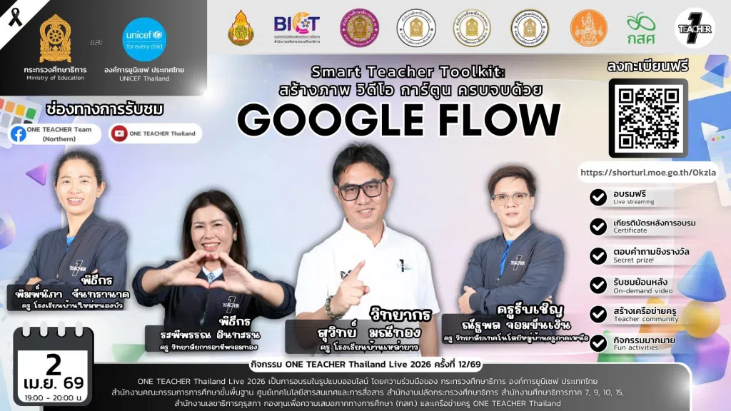 อบรมออนไลน์ฟรี ครั้งที่ 12 OTT LIVE หัวข้อ Smart Teacher Toolkit: สร้างภาพ วิดีโอ การ์ตูน ครบจบด้วย GOOGLE FLOW วันที่ 2 เมษายน 2569 รับเกียรติบัตรจาก กระทรวงศึกษาธิการ