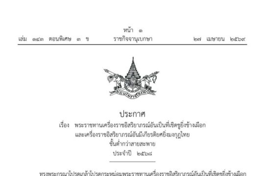 27 มษายน 2569 ราชกิจจานุเบกษาเผยแพร่ประกาศ เรื่อง พระราชทานเครื่องราชอิสริยาภรณ์อันเป็นที่เชิดชูยิ่งช้างเผือกและเครื่องราชอิสริยาภรณ์อันมีเกียรติยศยิ่งมงกุฎไทย ชั้นต่ำกว่าสายสะพาย ประจำปี ๒๕๖๘